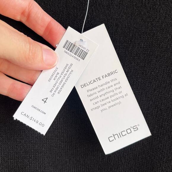 Chico's Women's Black Sequined Textured Pullover Sweater Size 4 (XXL). NEW - Picture 6 of 9